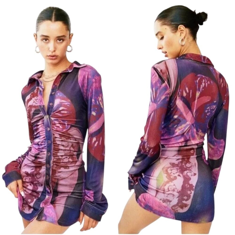 With Jean Andy Dress XXS‎ Flamboyant Anthurium Printed Long Sleeve NWT DR-1676